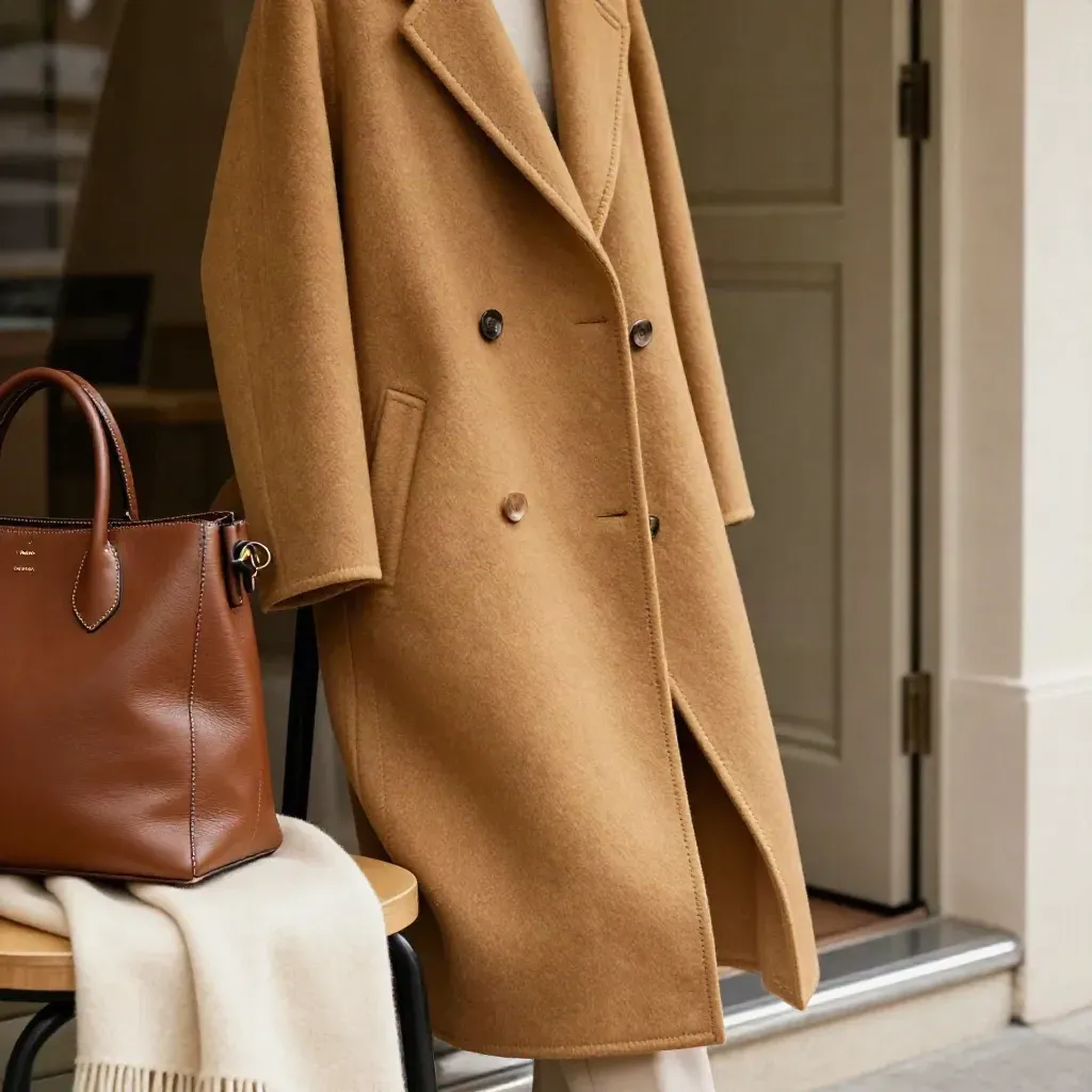 Camel wool cardigan coat with handbag and scarf in a doorway glow