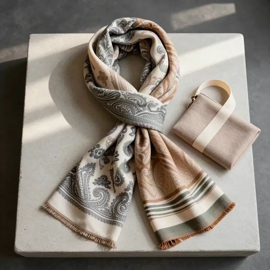 Overhead flat lay of two patterned scarves, knit pouch and cream ribbon on pale stone.
