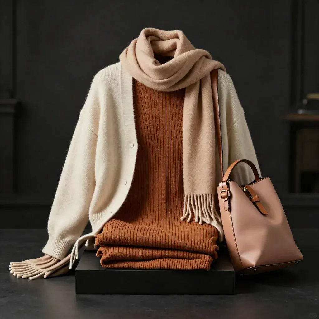 Cinnamon-brown knit dress, cardigan, scarf, bag and gift pouch on a matte-black studio plinth.